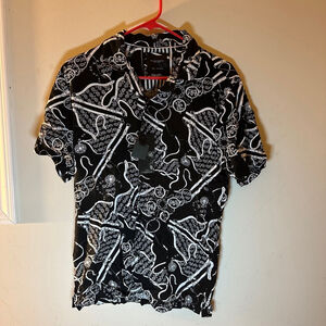 Men's Denim & Flower Button-Up Shirt Size L Black & White